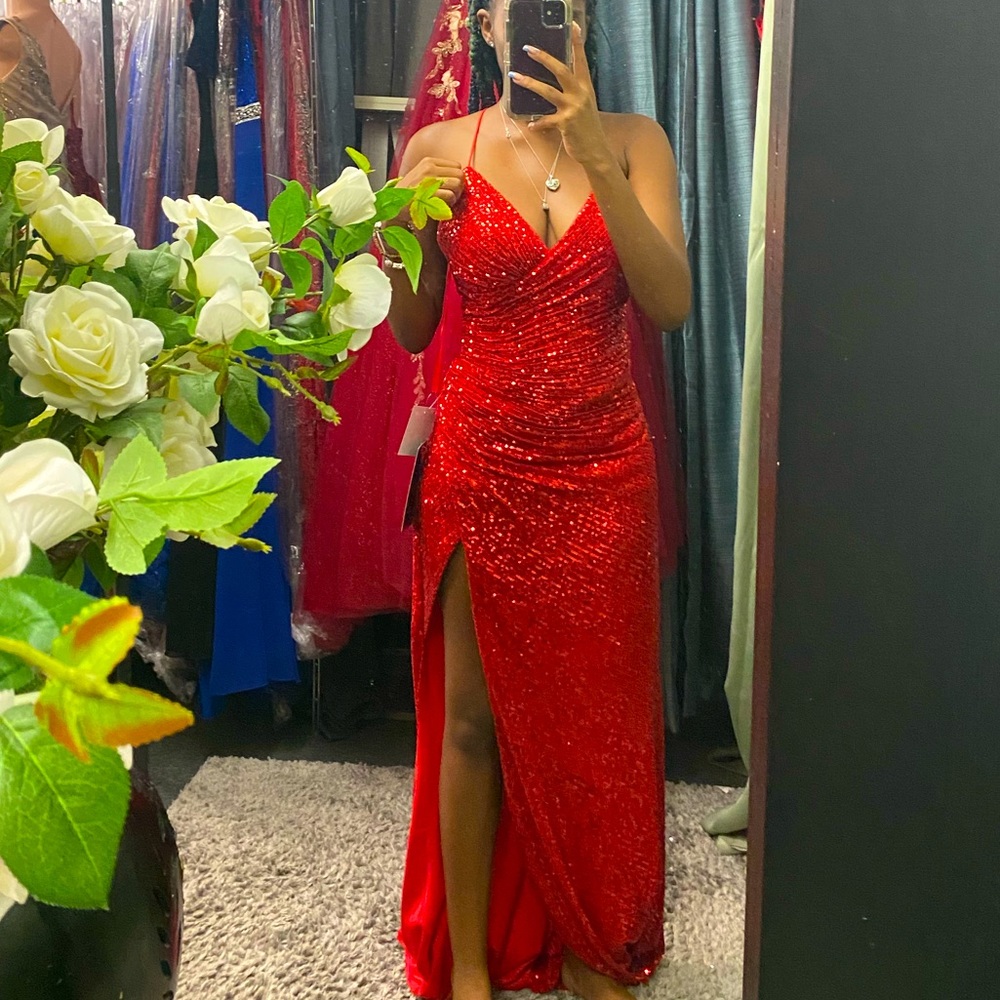 Red shimmery prom dress